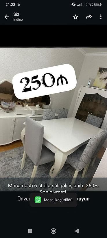 sutul: Masa dəsti 6 stulla səliqəli işlənib. 250₼. Son qiyməti. Ünvan — 1