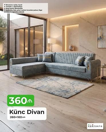 Диваны: Künc divan – 260×160 sm - Mexanizm: açılan, bazalı (yataq funksiyası — 1