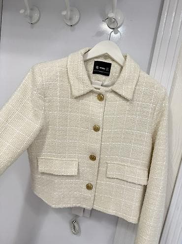 baş: Qadınlar üçün qısa tweed jaket - Rəng: süd-ağ/ekru - Parça: klassik — 1