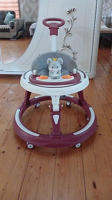 deri plas: Uşaq gəzdiricisi (baby walker) - Rəng: bordo-ağ, boz oturacaq - 360° — 3
