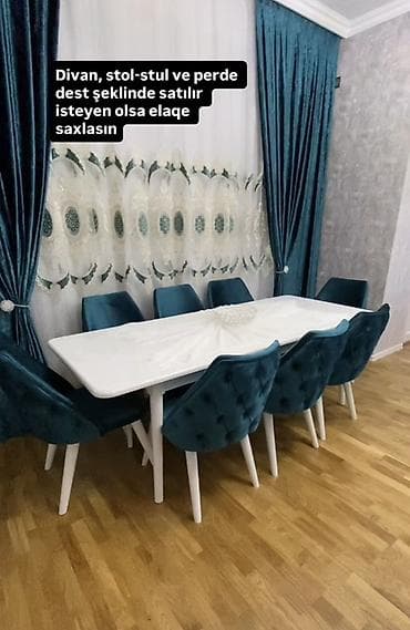 Qonaq otağı üçün mebel və pərdə dəsti satılır. Dəstə divan, stol-stul