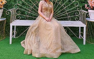 Qızılı rəngdə uzun ziyafət/libas - Model: A-kəsim, tam ətəkli, yerə — 3