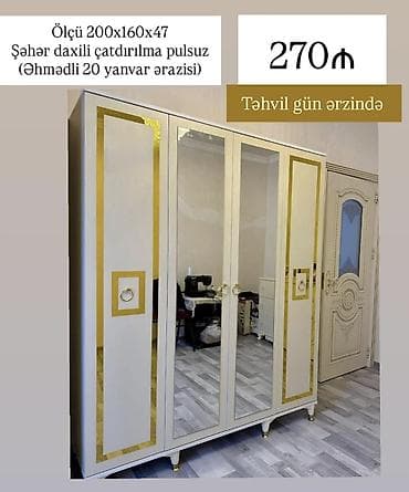 Üç qapılı geyim şkafı - Ölçü: 200×160×47 sm - Rəng: krem-ağ korpus