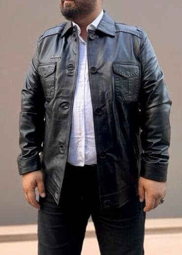 Kişi üçün qara dəri gödəkçə Təmiz dəridir. Baha alınıb. Endirim