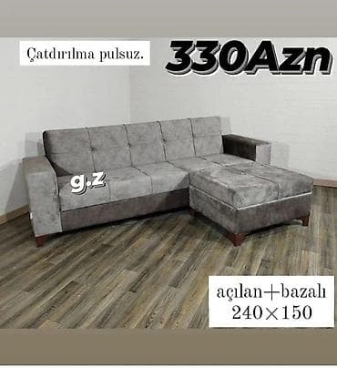 Künc divan – açılan və bazalı model - Ölçü: 240 × 150 sm - Rəng: boz