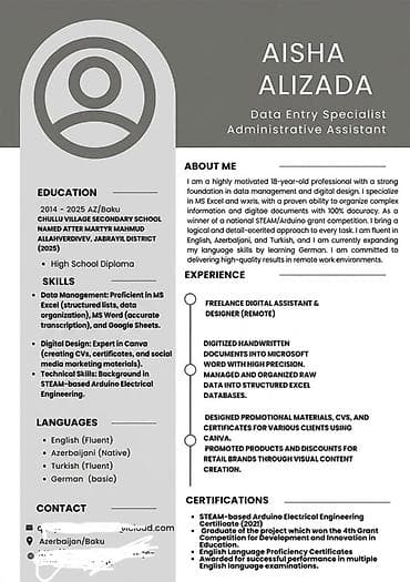 evdə paketləmə isi: Xidmət: CV hazırlanması (Canva ilə modern dizayn) Təsvir: - Peşəkar — 2