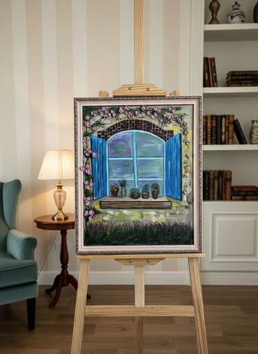 divar ucun sekiller: Əl işi rəsm tablo - Mövzu: Mavi pəncərəli kənd evinin görünüşü – — 1