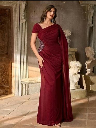 Bordo rəngdə zərif gecə/libas - Model: Floor-length, bir çiyinli — 3