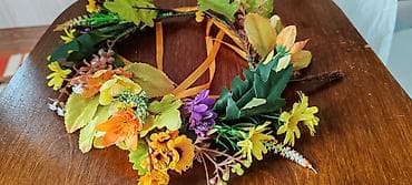 Payız temalı süni çiçək tacı - Rənglər: narıncı, sarı, yaşıl