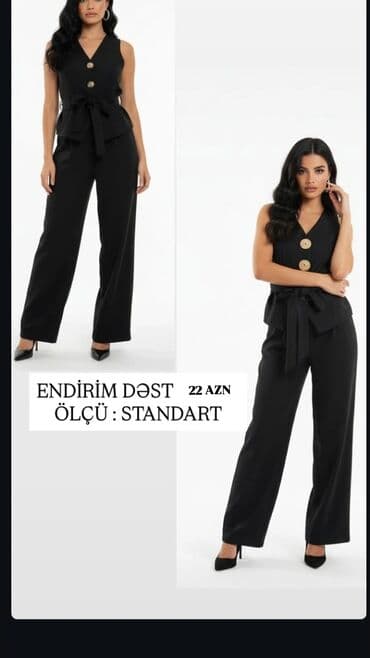 Qara rəngdə qadın iki hissəli dəst: - Üst: V-yaxa, qolusuz, ön hissədə