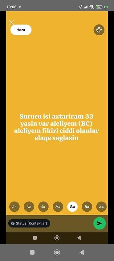 Sürücü kimi iş axtarıram. 33 yaşım var, ailəliyəm. BC kateqoriyalı