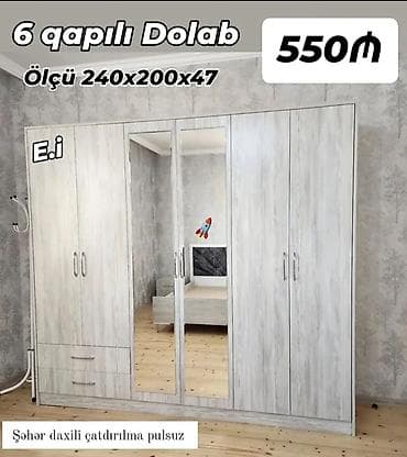 şef qaplar: 6 qapı, Güzgülü, Boz, Taxta, Açılan, Düz dolab — 1