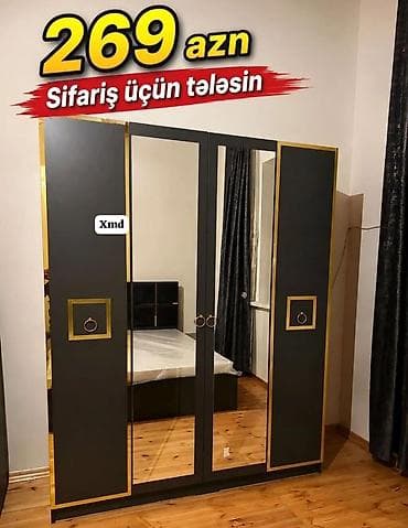 kol bitkiləri: Güzgülü paltar dolabı – qara rəngdə, qızılı haşiyələr və dekorativ — 1