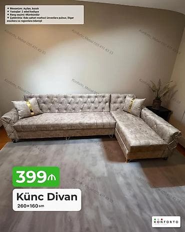 Диваны: Künc divan – 260×160 sm - Mexanizm: açılan, bazalı (yataq və saxlama — 1