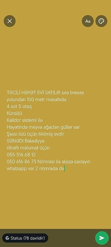 elimlerde ev: TƏCİLİ HƏYƏT EVİ SATILIR sea breeze yolundan 100 metr məsafədə 4 sot — 1
