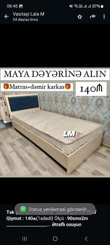 Мебель на заказ: *Tək çarpayı+matras🎁* _*SİFARİŞLƏ VƏ YENİ*_ *Qiymət : 140₼*(1ədədi) — 1