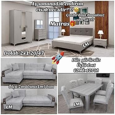 avanqard qonaq otagi mebelleri: Mebel dəstləri – modern boz rəngdə, minimal dizayn. 1) Yataq otağı — 1