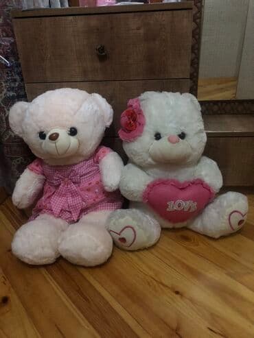 yazı formaları: İki ədəd yumşaq oyuncaq ayı. Biri çəhrayı rəngli damalı geyimdə — 1