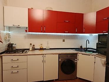 mebel stol stullar: Mətbəx mebel dəsti – qırmızı-ağ dizayn - Üst şkaflar: parlaq qırmızı — 4