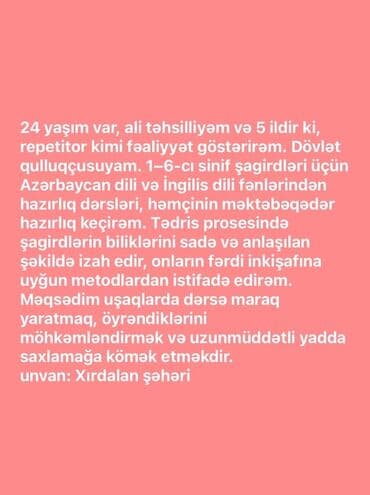 репетитор начальных классов объявления: Məktəbəqədər və ibtidai sinif hazırlığı, Azərbaycan dili — 2