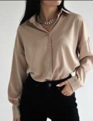 Qadın geyim kolleksiyası - Bej rəngli klassik köynək: Düz kəsim