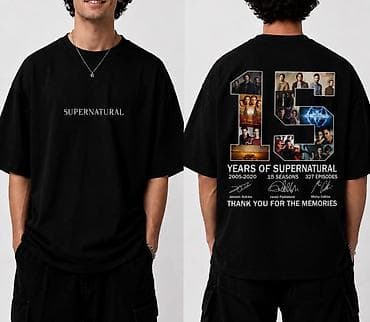 banner capı: Məhsul: Supernatural temalı qara unisex T‑shirt - Rəng: tam qara, ön — 2
