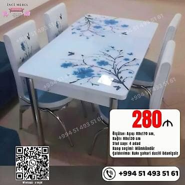 Mətbəx üçün, Yeni, Açılan, Dördbucaq masa, 4 stul