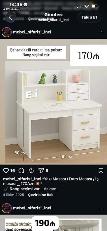 perla stol: Yazı/Dərs/İş masası – ölçü: 90 sm (eni) x 80 sm (hündürlük). Ağ — 1