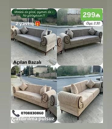 Açılan bazalı divan - Ölçü: 2.30 m - Dəst: 2 ədəd yastıq - Mexanizm