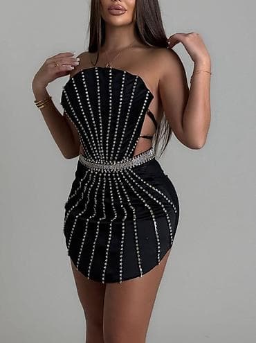 Qara mini gecə donu – strass daş işləməli - Rəng: qara - Dizayn: ön