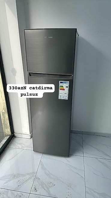 satmaq: Soyuducu – üstdə dondurucu, aşağıda əsas bölmə. Rəng: tünd boz (inox — 1