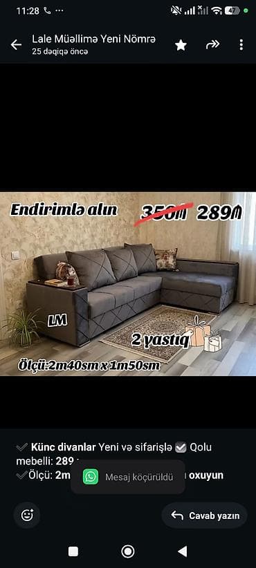 ✔️ *Künc divanlar* Yeni və sifarişlə ☑️ Qolu mebelli: *289₼* ✔️Ölçü — 1