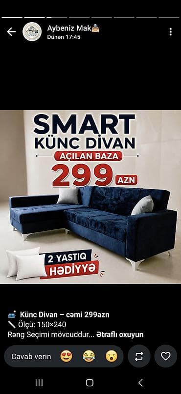 divan olcusu: SMART künc divan – açılan baza ilə Qiymət: 299 AZN - Ölçü: 150×240 - — 1