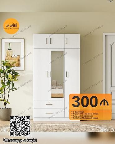 3 qapılı ağ dolab – minimalist dizayn, güzgülü orta qapı ilə