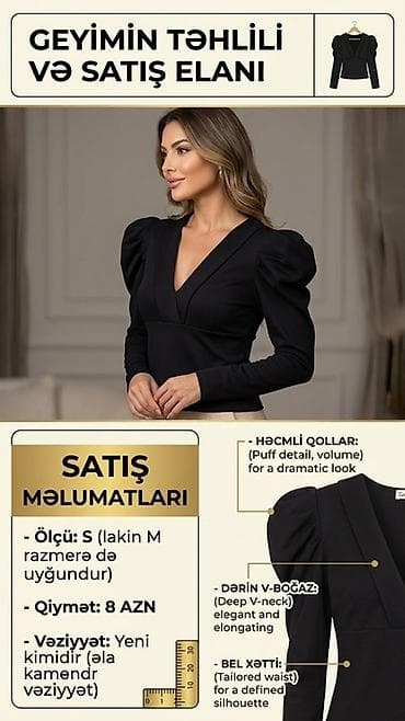 Qara rəngli zərif bluz - Model: dərin V yaxalı, bədəni vizual uzadan