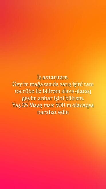 ev temizleyici axtariram: Satış məsləhətçisi, Qadın, 25 yaş, 3-5 illik təcrübə, Geyim və aksesuarlar — 1