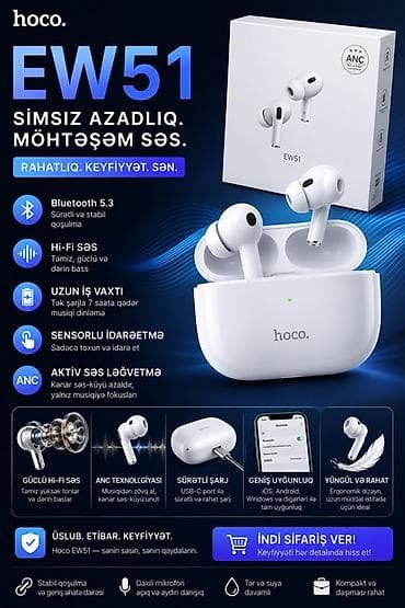 Yeni Simsiz (Bluetooth) Qulaqcıqlar, Hoco, rəng - Ağ