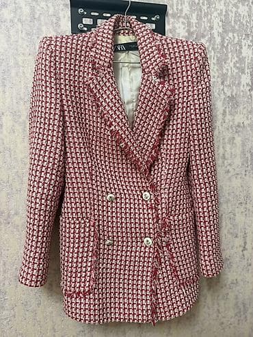 jaket turkce: ZARA qadın jaketi – qırmızı/ağ naxışlı tvid RAZMER - S - Model: ikiqat — 2