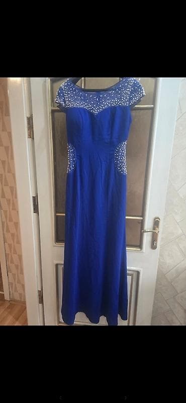 Mavi rəngli zərif gecə/libas - Uzun model, dizdən aşağı enən ətək