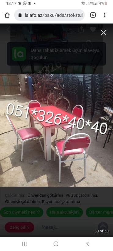 Masa və oturacaq dəstləri: Qonaq otağı üçün, Yeni, Açılan, Dördbucaq masa, 4 stul — 24