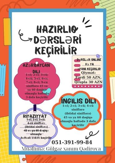 ingilis dili müəlliməsi: Azərbaycan dili, Riyaziyyat və İngilis dilindən həm əyani, həm online — 1