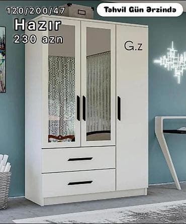 Ağ rəngdə 3 qapılı paltar şkafı, güzgülü dizayn. - Ölçülər: 120/200/47
