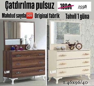 Klassik üslubda güzgülü komod - Rənglər: ağ krem və qoz ağacı tonları