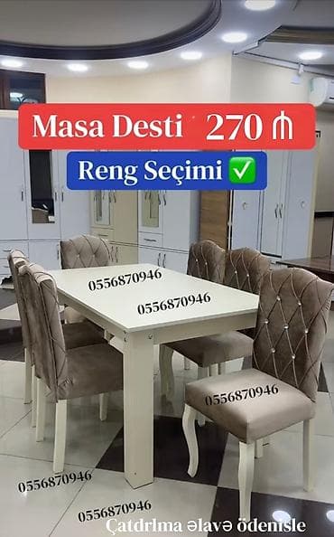 tek divan: Qonaq otağı üçün, Yeni, Açılmayan, Dördbucaq masa, 6 stul — 5