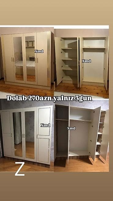 dekor ref: Yeni, 4 qapılı, Güzgülü, Bej, Taxta, Açılan, Düz dolab — 1
