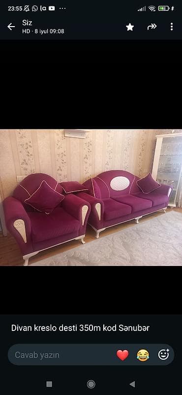 divan oturacaq: Divan-kreslo dəsti - Rəng: bənövşəyi (açıq krem detallarla) - Tərkib — 1