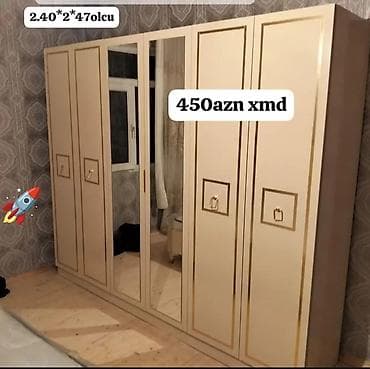 6 qapı, Güzgülü, Bej, Digər material, Açılan, Düz dolab