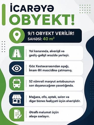 mikrorayon: İcarəyə obyekt – 40 m² - 9/1 ünvanlı obyekt, yol kənarında - Göz — 1