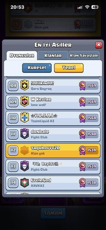 Clash Royale hesabı. Hesabın görünən əsas göstəriciləri: - Kral — 5
