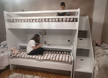 двухъярусная кровать машина: Для девочки и мальчика, Кровать, С выдвижными ящиками, МДФ — 1